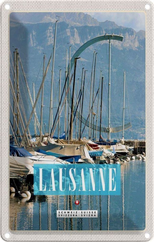 vianmo Blechschild 30x20 cm Lausanne Schweiz Boote Gebirge Wälder Bildmotiv Reisemotiv Abenteuer Reisen Urlaub