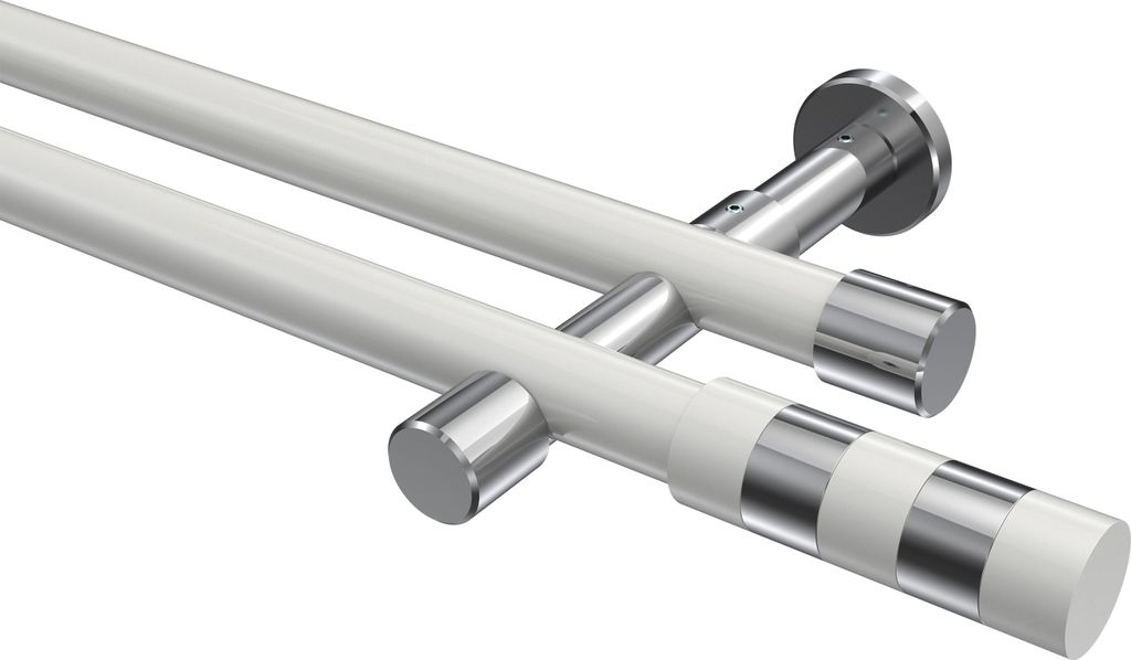Interdeco Gardinenstange / Vorhangstange Weiß / Chrom, Typ Prestige Mavell (Zylinder Bicolor) ohne Ringe, 20 mm Ø 2-läufig, 100 cm