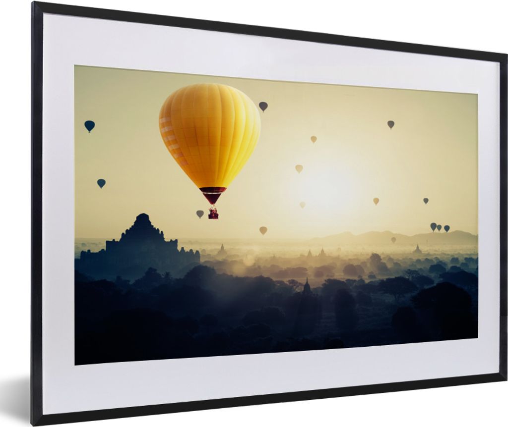 MuchoWow MuchoWow Gerahmtes Poster Heißluftballon - Nebel - Myanmar 60x40 cm - Poster mit zchwarzem Bilderrahmen - Schlafzimmer - Plakat in Ra...