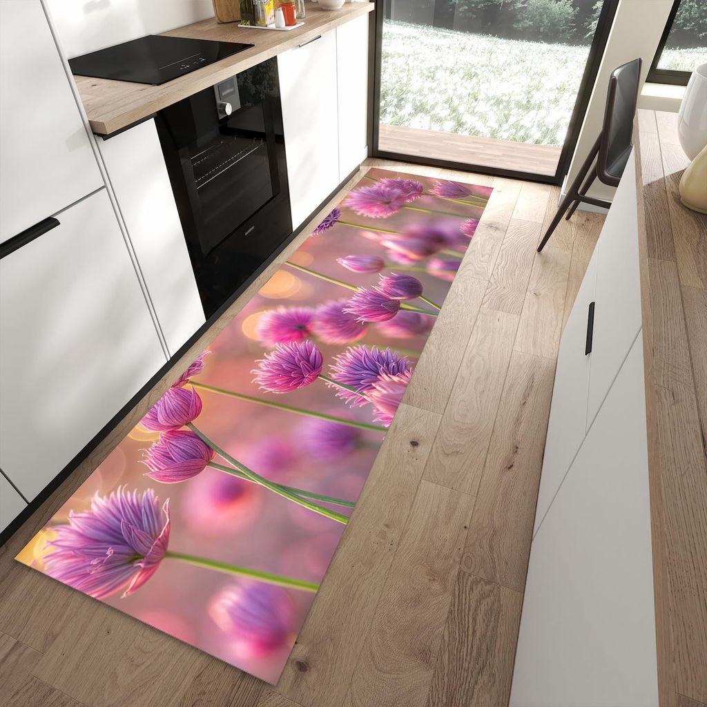 Küchenteppich 80x280cm rutschfest & abwischbar PVC Läufer - Blühende Zierlauch