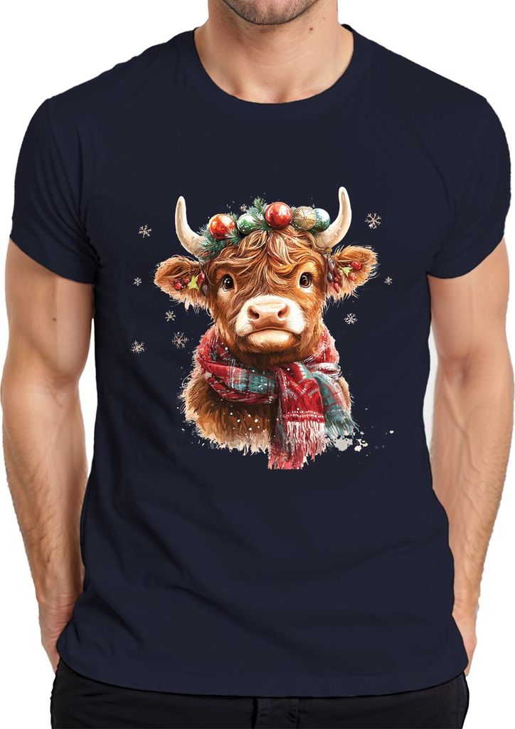 Weihnachten Niedliche Highland Kuh Schneeflocken Vintage Geschenk Herren T-Shirt, Navy, L