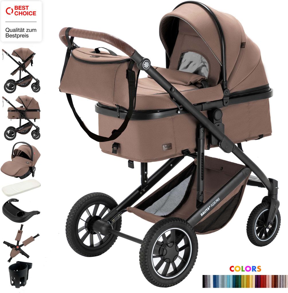 Daliya FLEXI-PRO M 3in1 Kinderwagen & Buggy mit i-Size Babyschale, Memory-Knöpfe, Kinderwagen mit Auto-Babyschale, Leicht, Großer Einkaufskorb