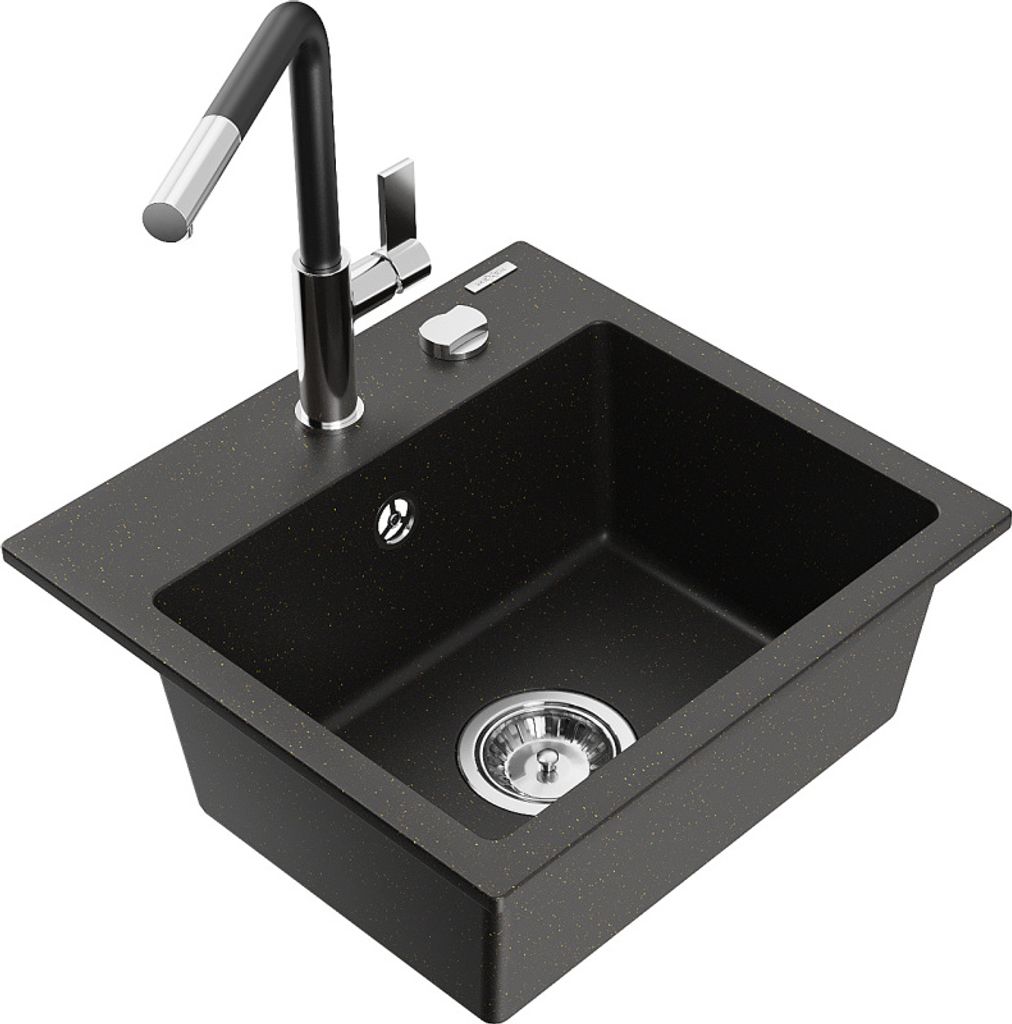 Mexen Milo 1-Becken-Granitspüle mit Mischbatterie Flora, Schwarz/Gold metallisch - 6505-75-670401-07
