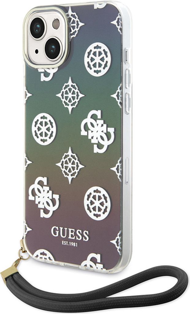 Guess iPhone 15 Back cover case - Iridescent - Glitter pattern peony - cordstrap - Black