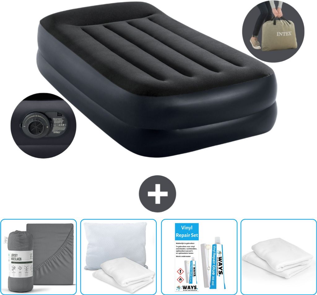 Intex Luftbett - 1 Person - 99 x 191 x 42 cm - Blau - Inklusive Pumpe - Spannbettuch - Küssen - Reperaturset en Kissenschutz