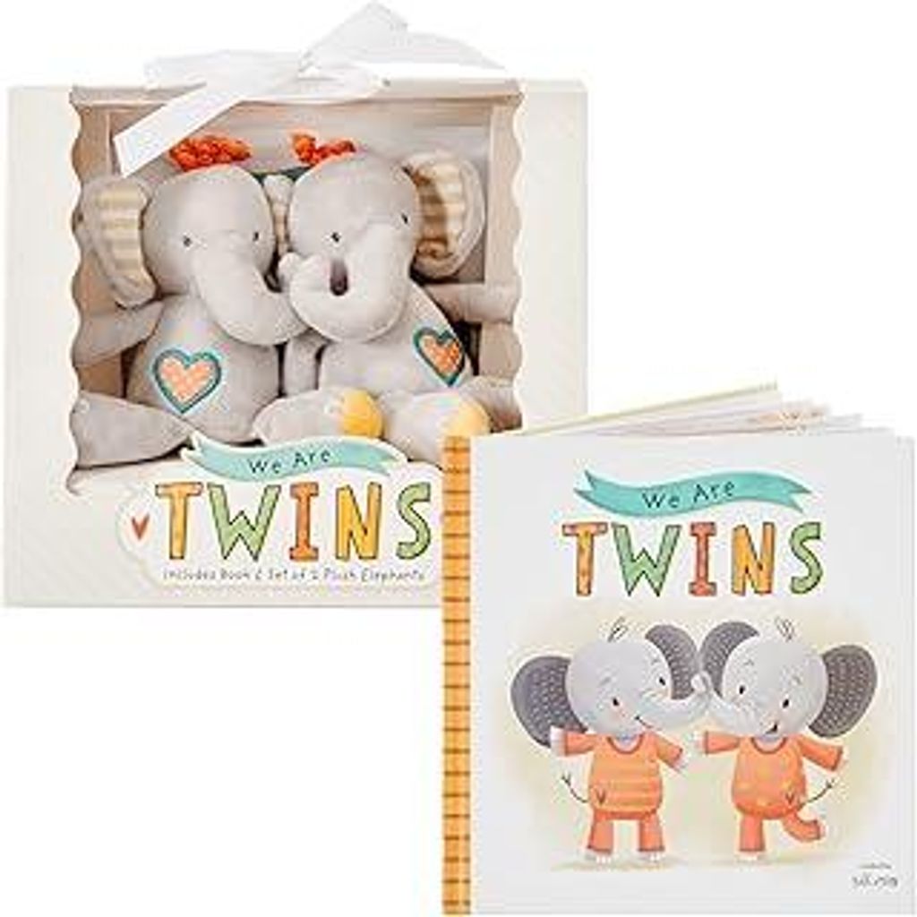 Tickle & Main Wir sind Zwillinge, Baby- und Kleinkind-Geschenkset für Zwillinge, Erinnerungsbuch und 2er-Set Plüschelefanten-Rasseln für Jungen ...