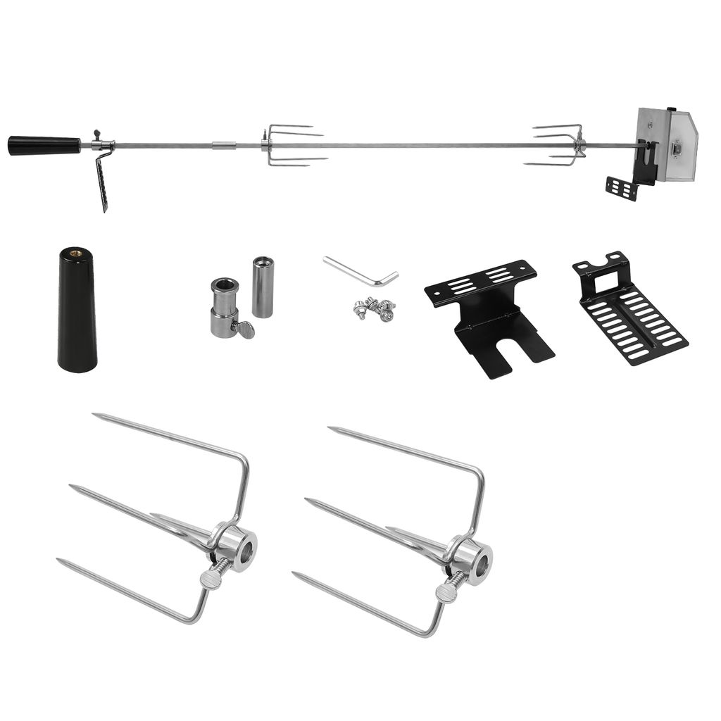 Edelstahl Grillspieß Set 107cm BBQ Fleischklammer mit Motor inkl. 2X Fleischnadeln, 220V - 240V, Elektrischer Drehspieß, Rotisserie, Drehspiess