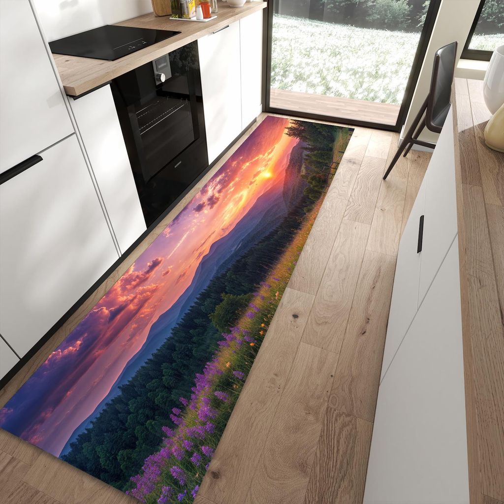 Küchenteppich 80x300cm rutschfest & abwischbar PVC Läufer - Wiese von Sonnenuntergang