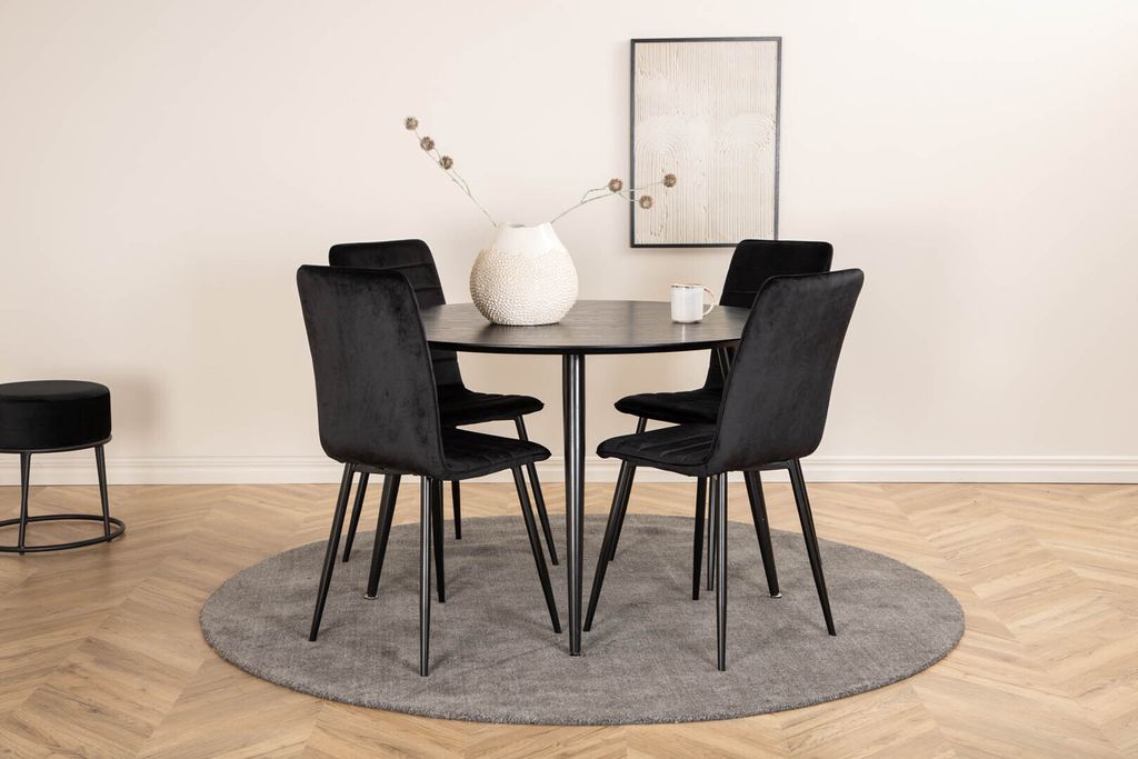 DippØ115BLBL Essgruppe Esstisch schwarz und 4 Windu Lyx Esszimmerstühle Velour schwarz.
