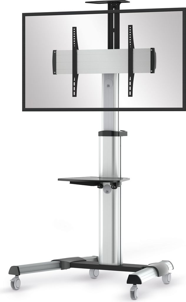 A silver and black TV stand with wheels is shown against a white background.