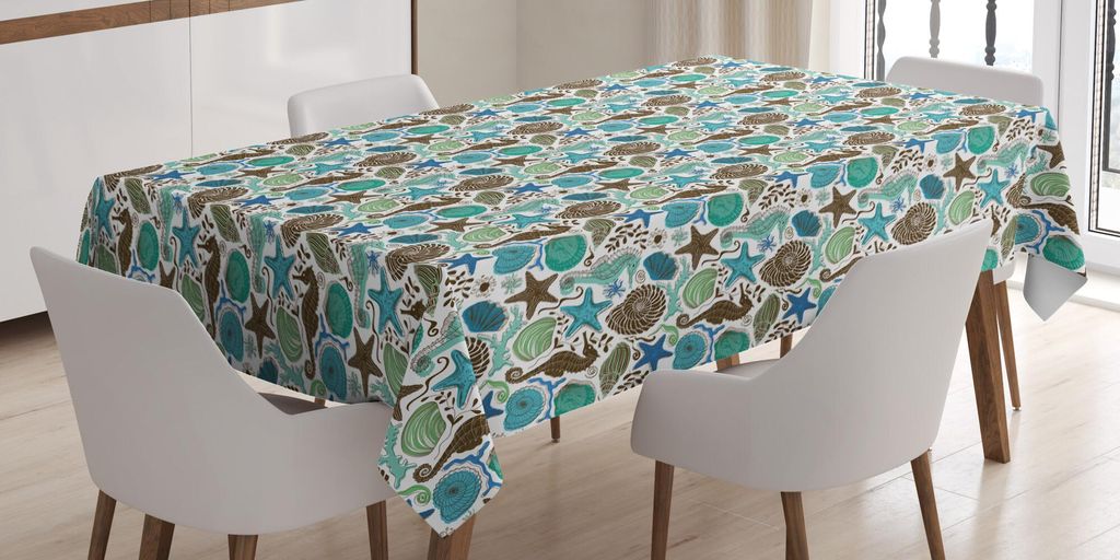 ABAKUHAUS Sea Shells Tischdecke, Maritime Kunst mit Seahorse und Seesterne Hand gezeichnet Aquarium Muster, 140 x 240 cm, Seafoam Braun Blau