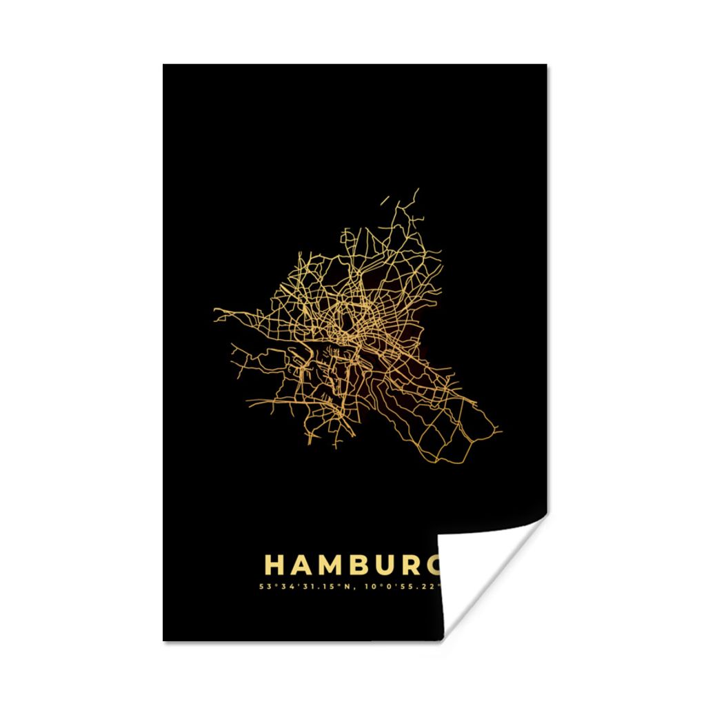 MuchoWow Poster Hamburg - Karte - Stadtplan - Gold - Karte 40x60 cm - Plakate für die Wand - Poster Babyzimmer