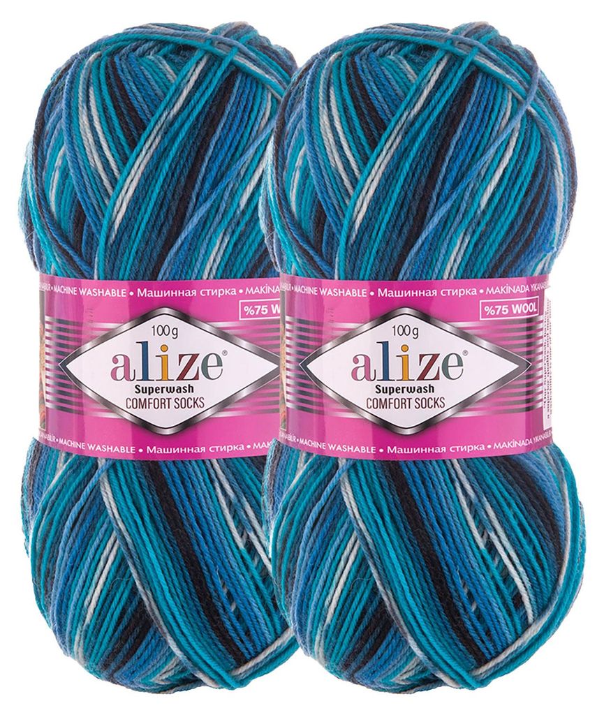 2 x 100g Sockenwolle Superwash Comfort 4-fädig schwarz blau creme