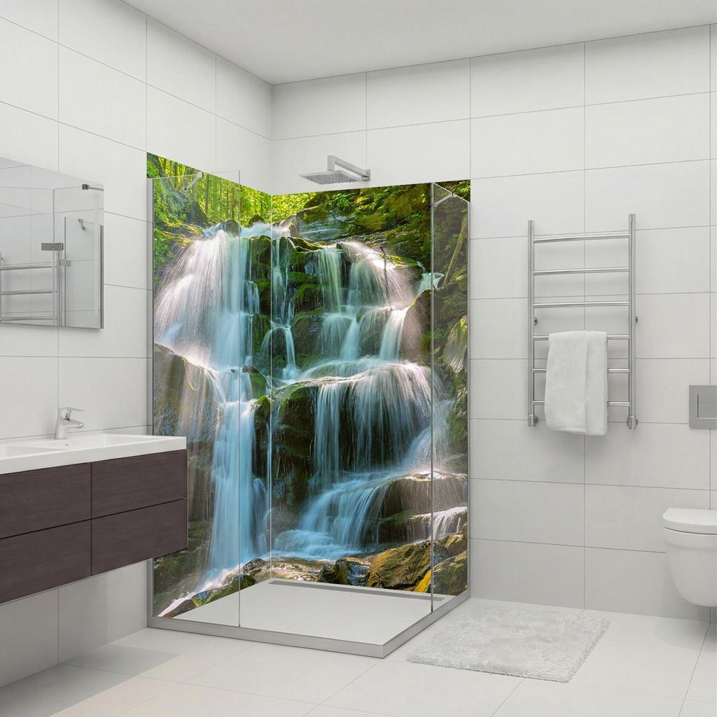dedeco Eck-Duschrückwände Aluminium wasserfest Motiv: Wasserfall V6, Nano-Protect hochglänzend, 2 x 90x210x0,3cm, Fliesenersatz fugenlos Wandver...