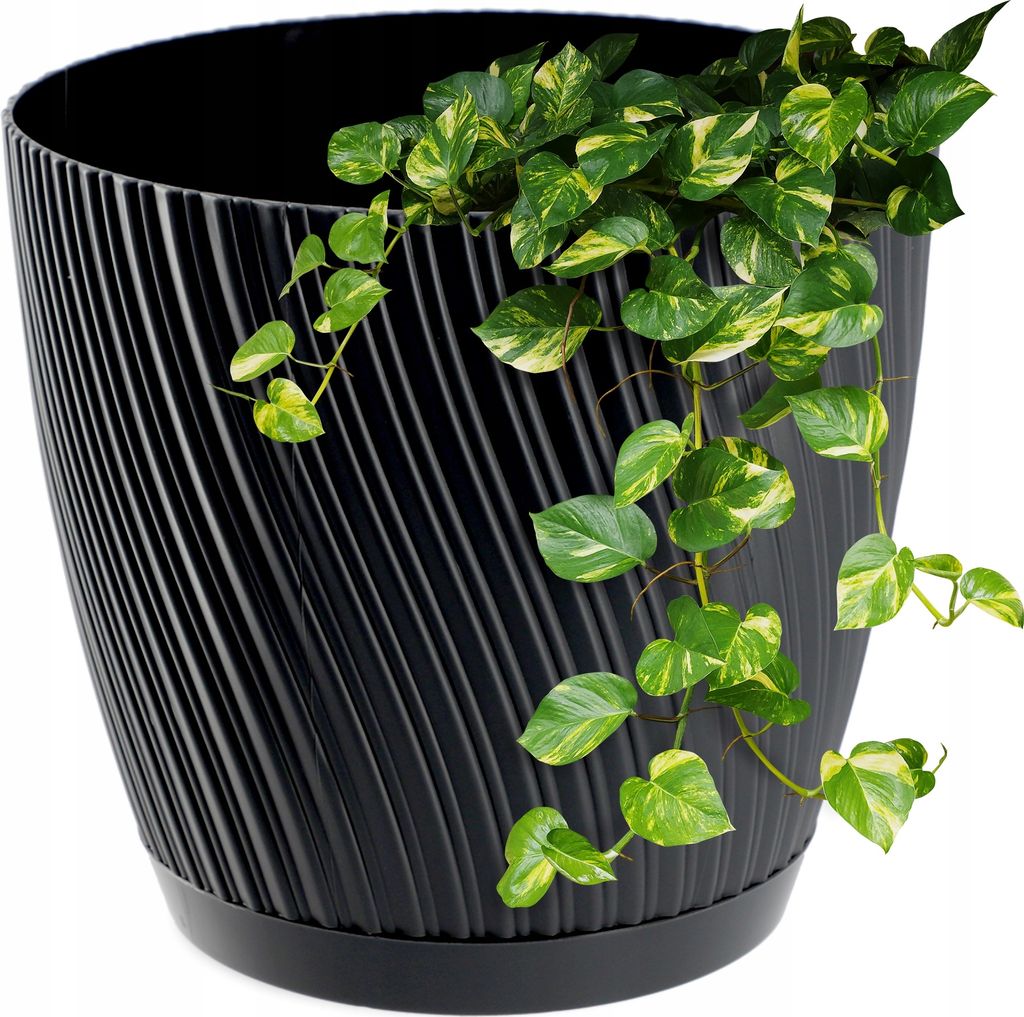 KADAX Blumentopf mit Untersetzer "Tubas", Blumenkübel, Pflanztopf aus Kunststoff, Übertopf, rund, 15 cm, Anthrazit