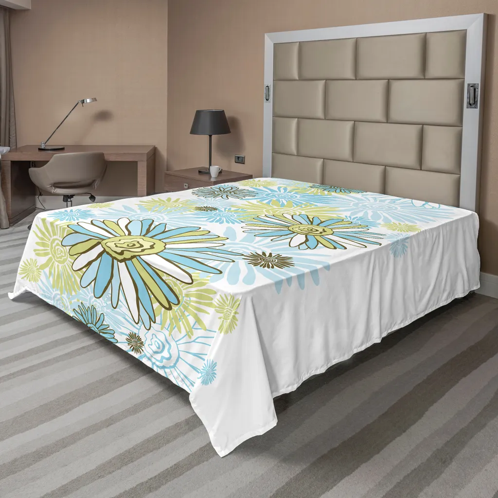 Drap Plat Anti-Plis Facile d'Entretien Fleurs Sauvages Turquoise et Vert