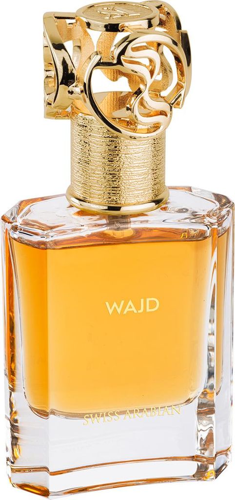 A perfume bottle with a gold cap and orange liquid.