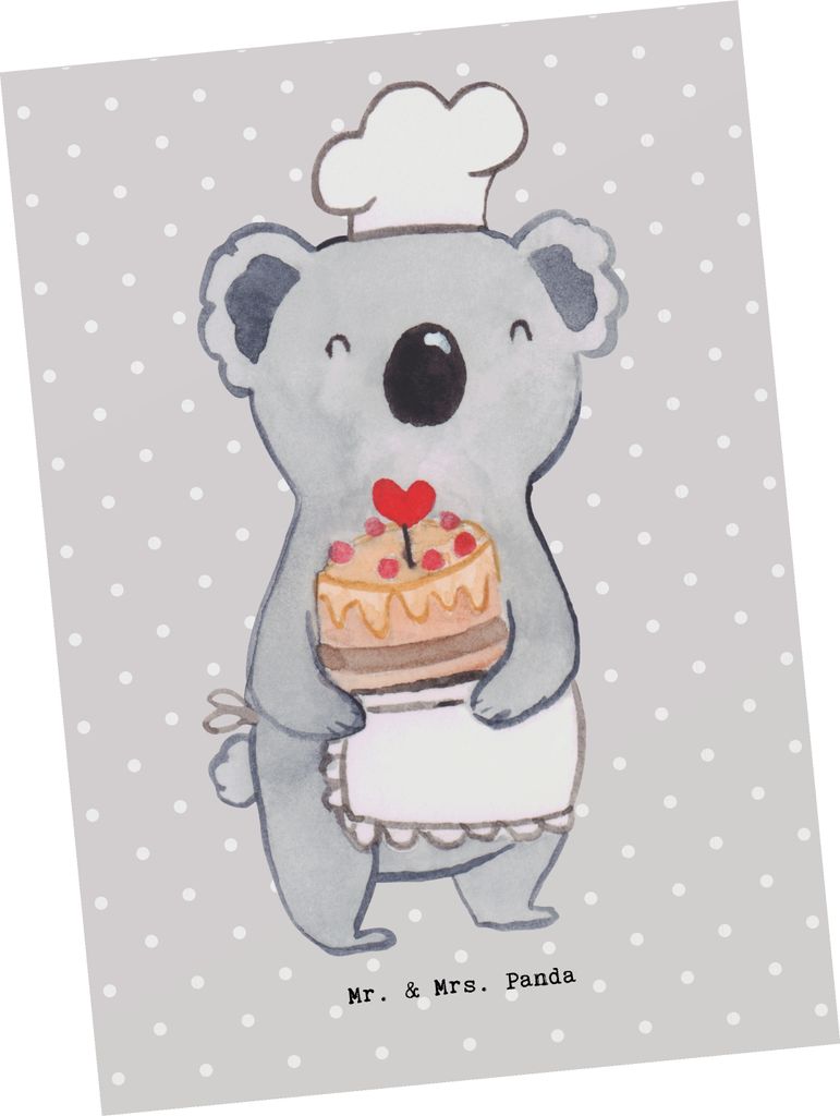 Mr. & Mrs. Panda Postkarte Konditor Herz - Grau Pastell - Geschenk, Bäcker, Grußkarte, Torte, Geburtstag, Fotokarte, Postkarten, Kuchen, Ansichts...
