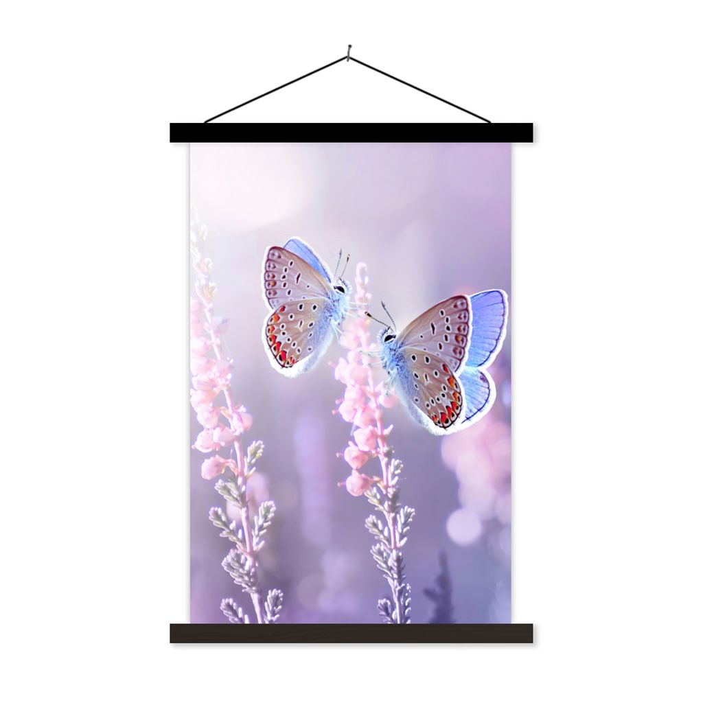 MuchoWow Textilposter Schmetterling - Lavendel - Blumen - Lila 40x60 cm mit schwarzem Rahmen - Wanddekorationen