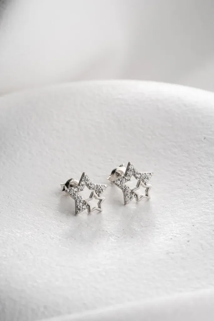Boucles d'oreilles double étoile argent 925 et zircone pour femme