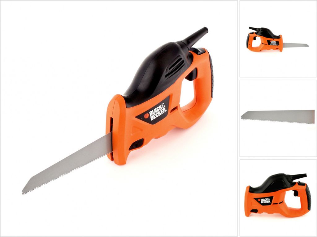 A Black & Decker reciprocating saw is shown against a white background. The image is a product shot, with additional smaller images of the product and its blade shown on the right side.