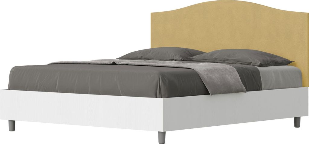 ITYHOME - Bett mit Lattenrost 160x200 Bettgestell Esche weiß Bett-Kopfteil mit Mikrofaserbezug Ocker Grace