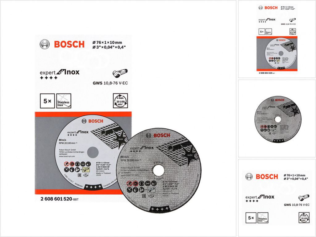 A Bosch cutting disc packaging with a cutting disc shown.