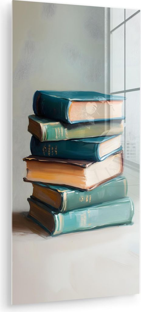 MuchoWow Glasbilder - Bilder auf Wandbild - Foto auf Glas Stapel - Bücher - Grün - Tageslicht 60x120 cm Wanddekoration aus Glas - Acrylglasbild -...