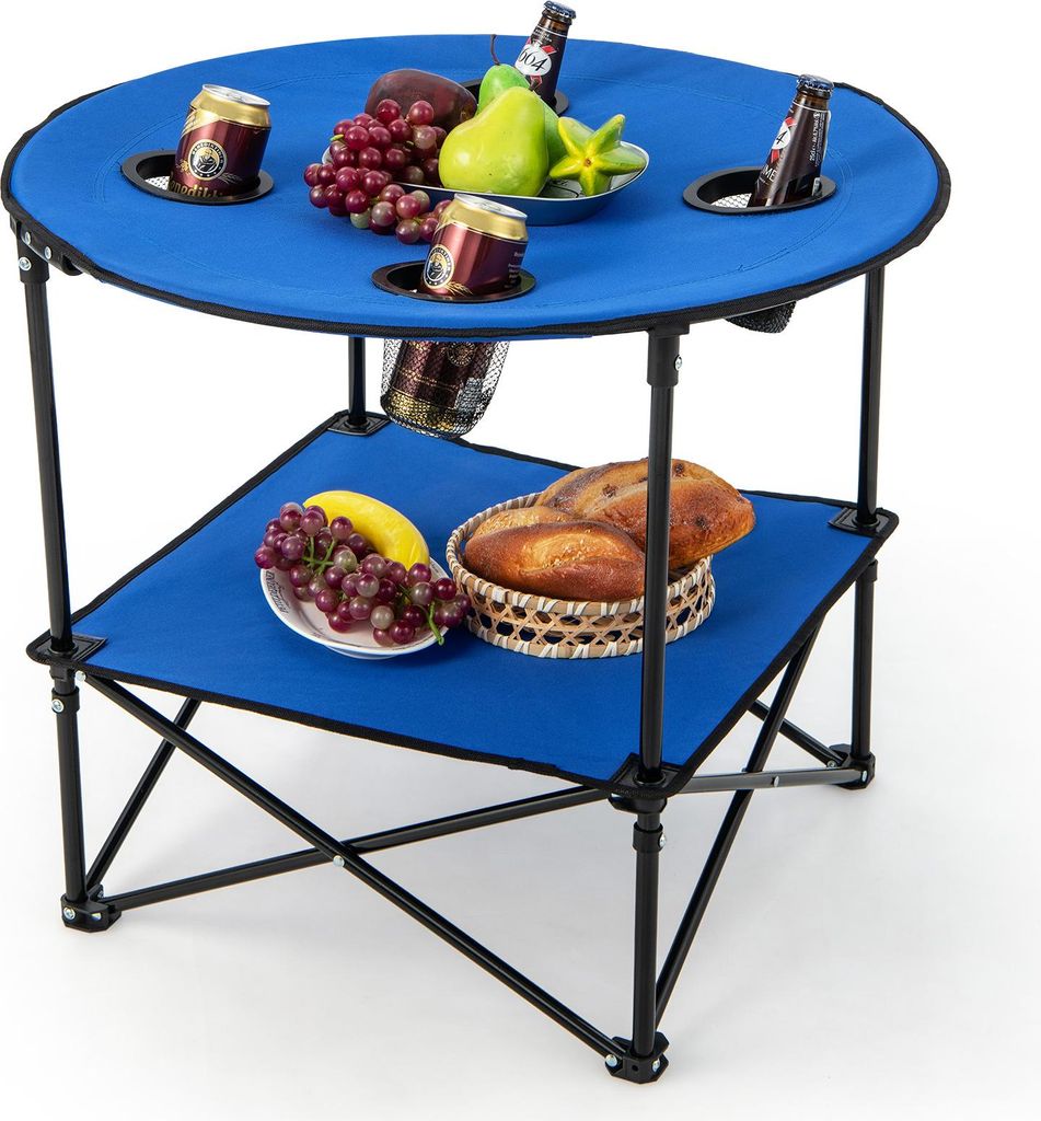 GOPLUS Campingtisch klappbar, Ø72cm Picknicktisch Strandtisch rund mit 4 Becherhaltern & Tragetasche, Klapptisch leicht tragbar, Blau