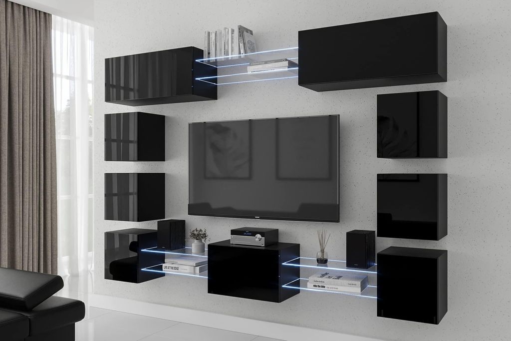 Furnitech Wohnwand Wohnzimmer | Wohnzimmer Möbel mit LED RGB - 16 Farben | Hängend Wohnwand Modern | Wohnzimmer Schrankwand mit Regale und TV Sch...