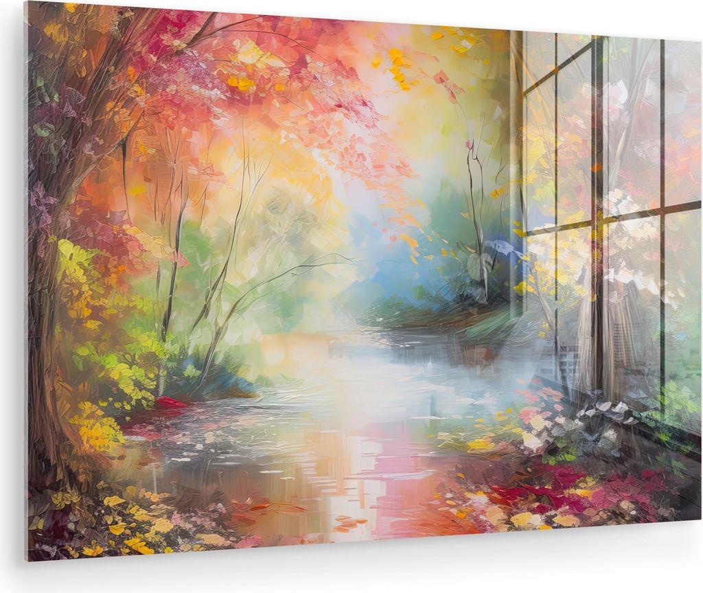 MuchoWow Glasbilder - Bilder auf Wandbild - Foto auf Glas Landschaft - Ölgemälde - Farbenfroh - Natur 90x60 cm Wanddekoration aus Glas - Acrylgla...