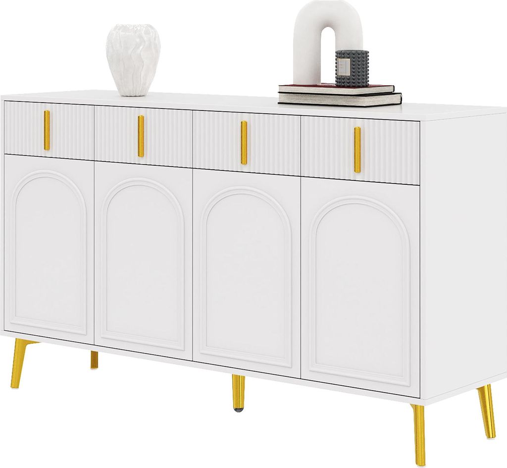 Sideboard mit goldenen Griffen und Füßen, 4 Türen, 4 Schubladen, mit abnehmbarem Laminat, geeignet für Wohn- und Esszimmer, 140 x 37,8 x 82 cm.
