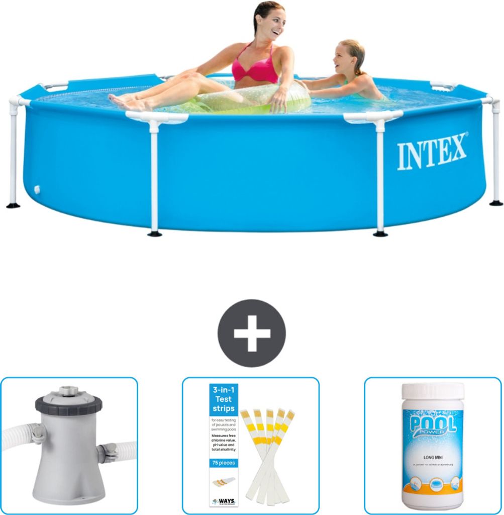Intex-Schwimmbecken mit rundem Rahmen – 244 x 51 cm – Blau – im Lieferumfang enthalten Filterpumpe für Schwimmbad - Teststreifen - Chlor