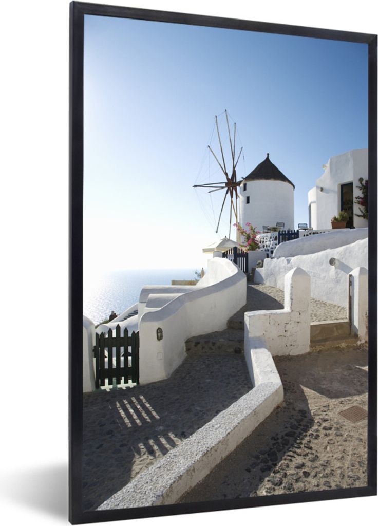 MuchoWow Gerahmtes Poster Windmühle auf Santorin in Griechenland 60x90 cm - Poster mit Schwarzem Bilderrahmen Wandposter Rahmen Foto Bilder - Kunst
