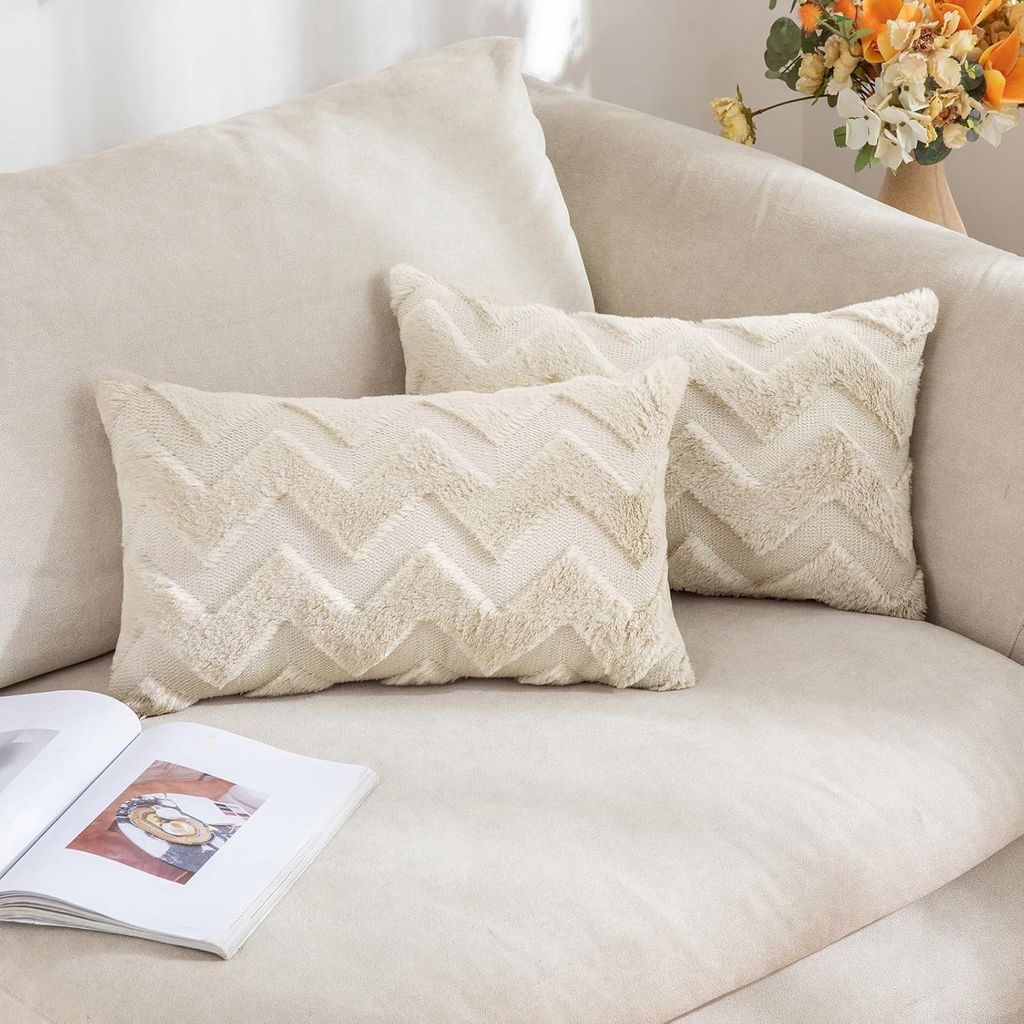 Set mit 2 Kissenbezügen aus Wolle, geeignet für Sofakissen und Dekokissen, mit Wellenmuster, Polyester, 30 x 50 cm, beige