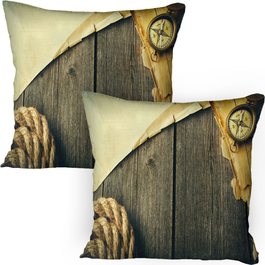 ABAKUHAUS Antiquität Kissenbezug Packung mit 2, Erde tonte Entwurf mit Kompass und Karte Seil Old Navigation Marine Themed Elemente, Dekorativer G...