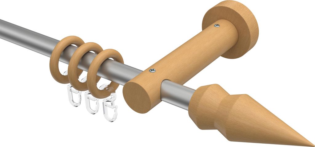 Interdeco Gardinenstange / Vorhangstange Silbergrau / Buche lackiert, Typ Adrian Doman (Doppelkegel), 16 mm Ø 1-läufig, 280 cm