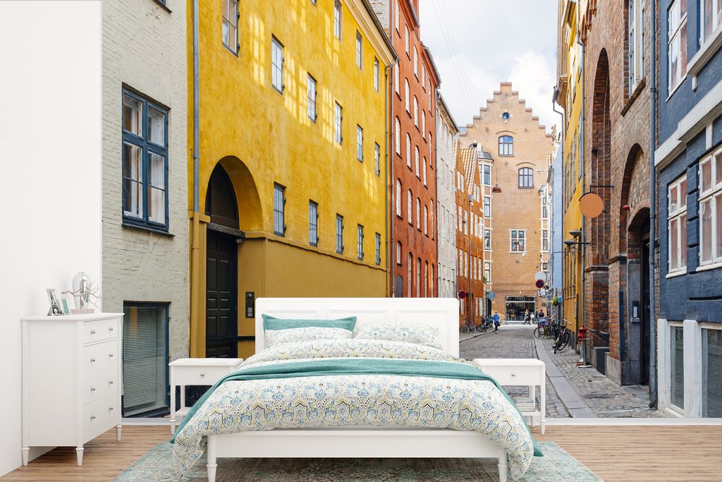 MuchoWow Fototapete für Wohnzimmer oder Schlafzimmer Wandtapete Vinyl Motivtapete Straße mit bunten Häusern in Dänemark - 525x350 cm - Das Hi...