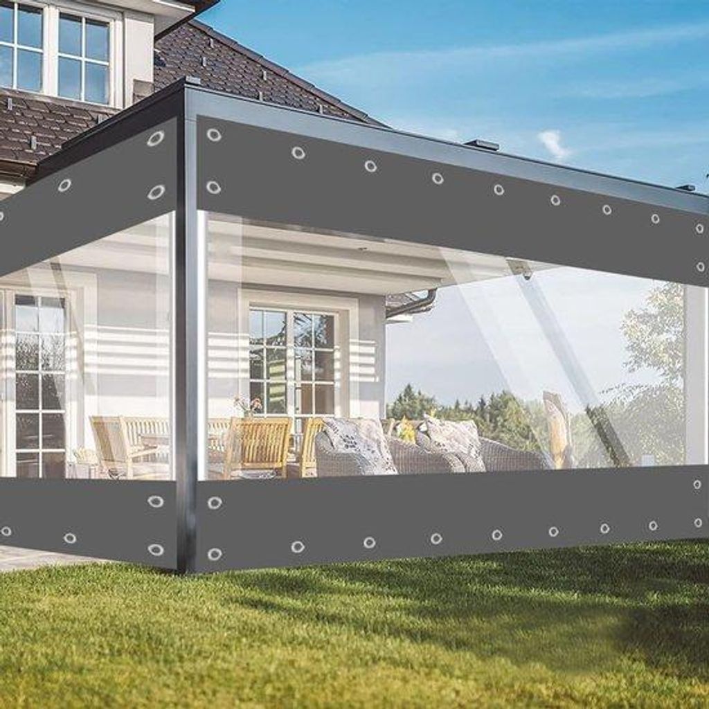 Unyqoos transparente wetterfeste PVC-Plane mit Ösen für Garten und Terrasse, 2,1 m x 2,4 m, grau