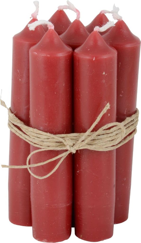 A bundle of red pillar candles tied together with twine.