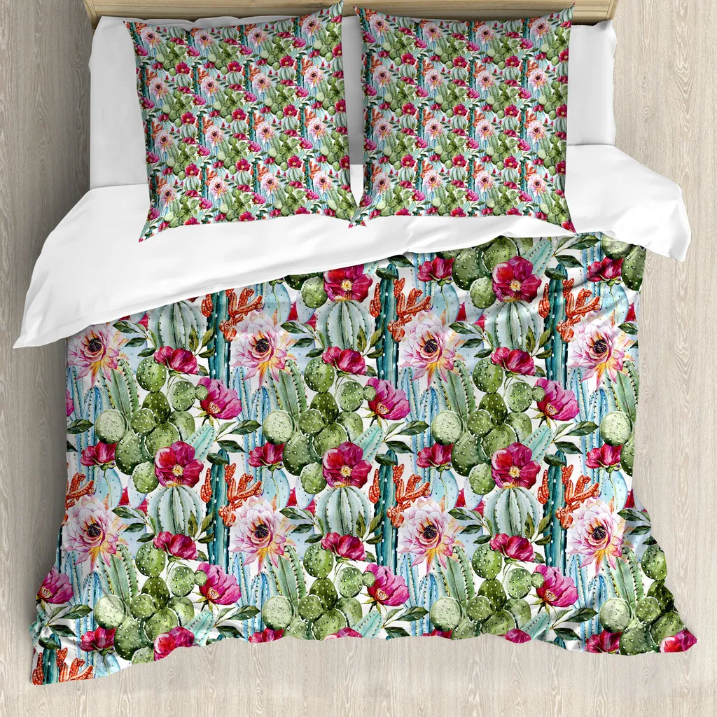 ABAKUHAUS Copripiumino Cactus, Cactus botanico Deserto, Antiacaro Adatto a chi soffre di allergie Con federe, 200 cm x 200 cm - 80 x 80 cm, Multicolore