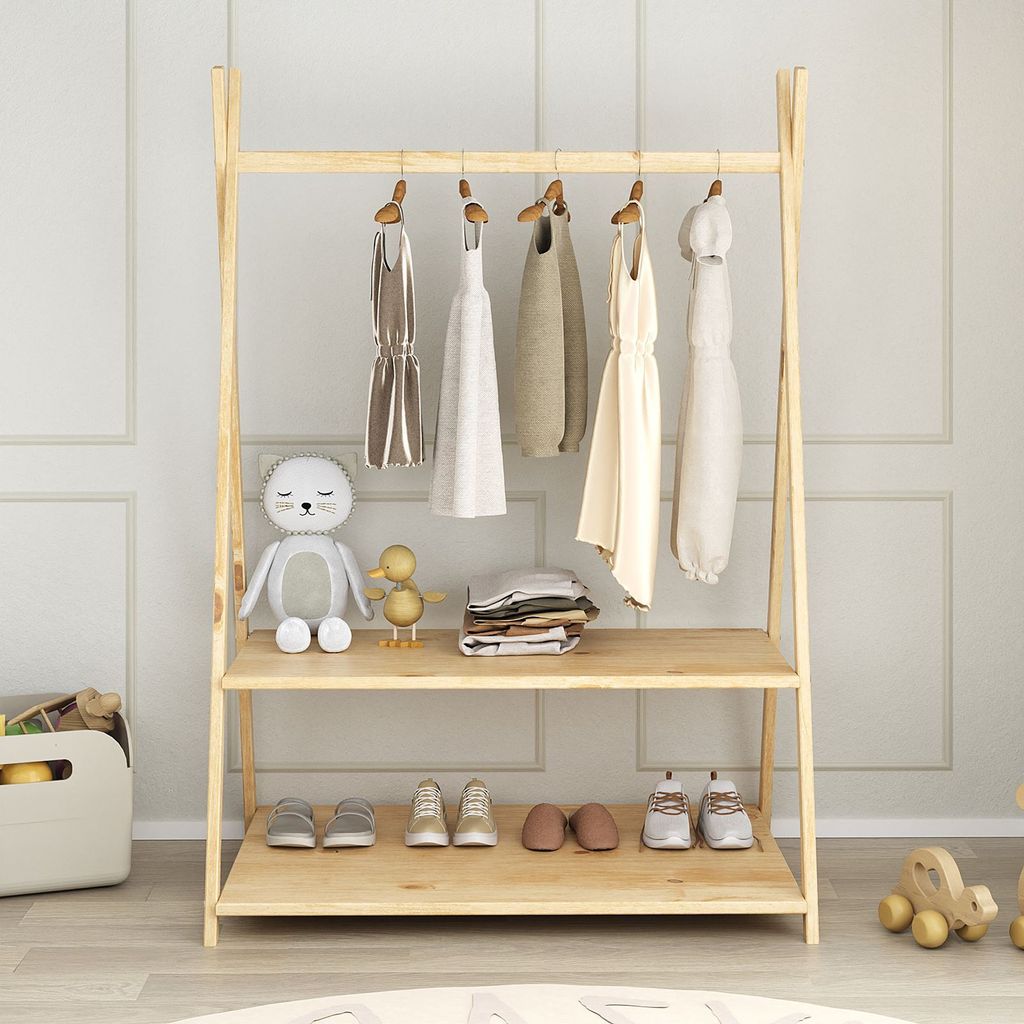 Kindergarderobe DANILO mit 1 Kleiderstange & 2 Ablageböden in natur - Montessori Möbel für Kinderzimmer, freistehende Garderobe aus Massivholz m...