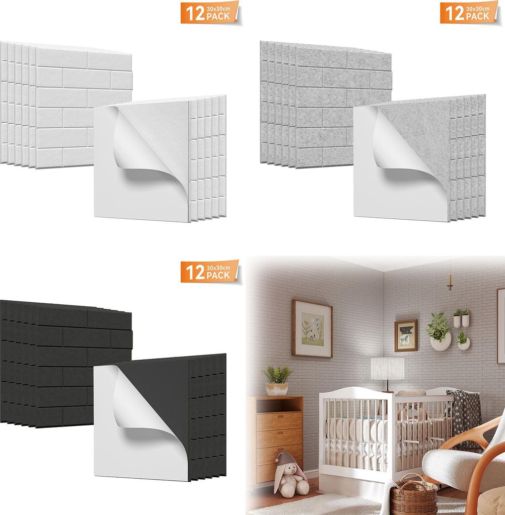 XINZI 12er Set selbstklebende Quadratische Akustikplatten in Ziegelform 30x30x0,11 cm – Schallschutzplatten ohne Muster – Weiß