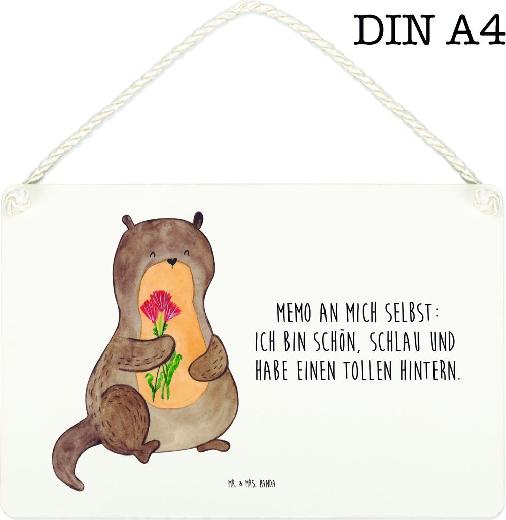 Mr. & Mrs. Panda wandtafel Otter Blumenstrauß DIN A4 - Weiß - Geschenk, Achtsamkeit, Schild, Holzschild, Selbstvertrauen, Selbstliebe, Süß, Tü...