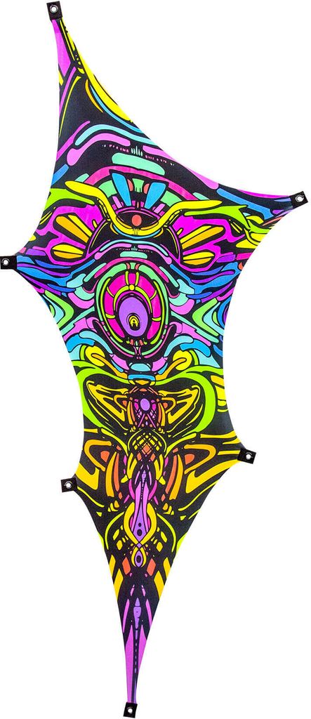 PSYWORK Schwarzlicht Segel Elasthan Wing | Dragon Temple II Right | 1,15x2,25m | Neon Dekoration Partydeko Wandtuch Wandbehang