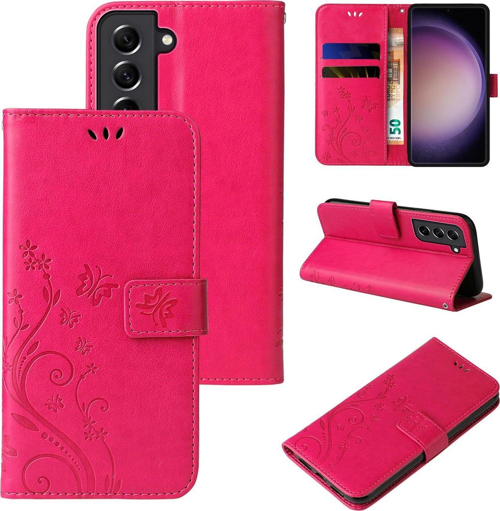 Handyhülle für Samsung Galaxy S23 FE Floral Blumen Schmetterling Flip Cover Hülle Case Klapphülle Handytasche Farbe: Pink