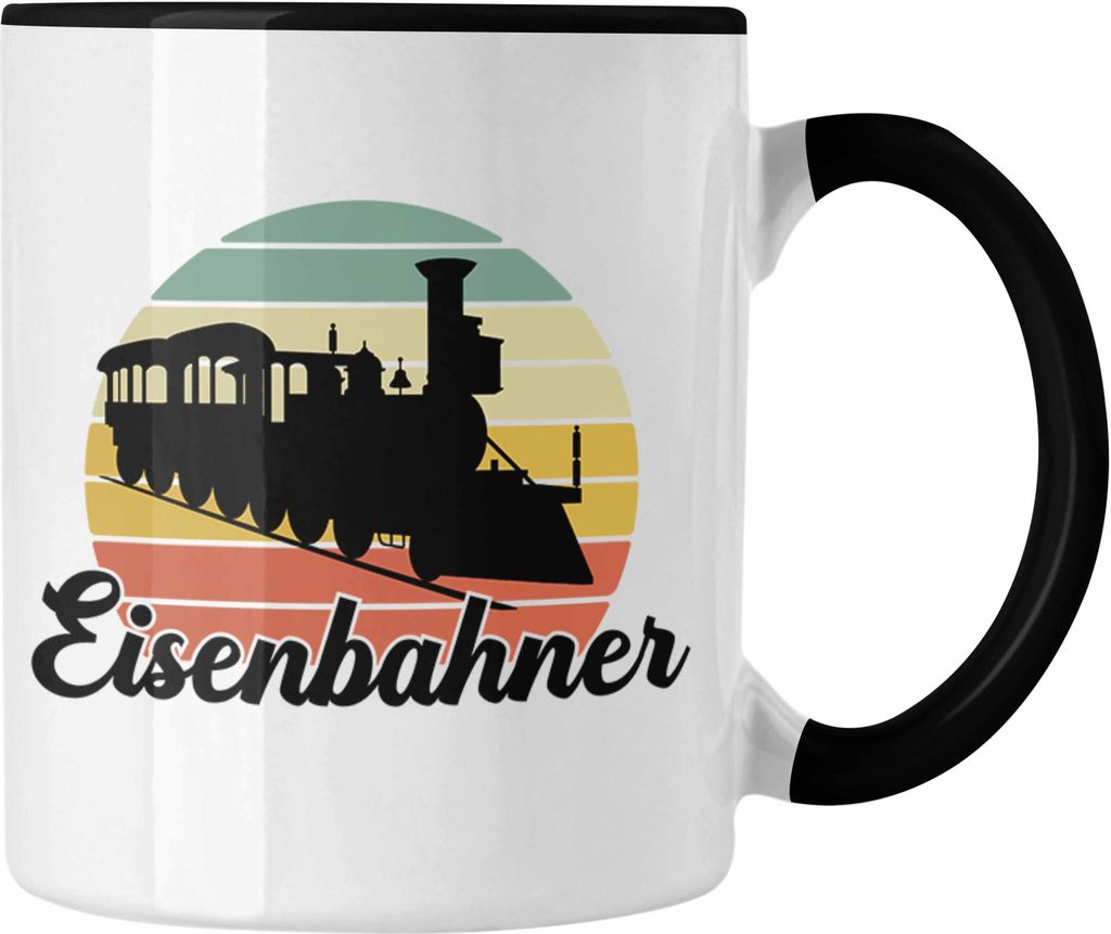 Trendation - Modeleisenbahn Geschenk Tasse Spruch Geschenk Geschenkidee Opa Rentner Dampflokomotive Eisenbahn Eisenbahner (Schwarz)