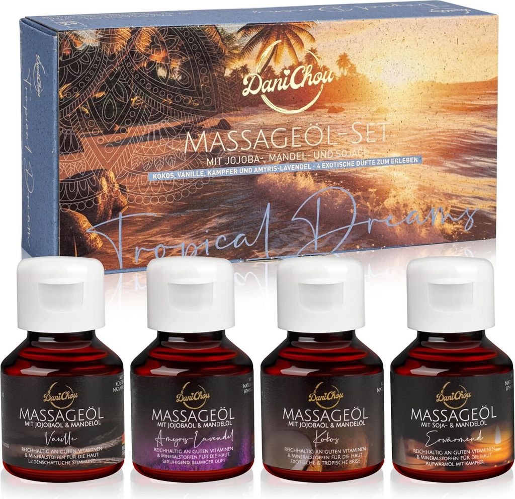 DaniChou Tropical Dreams Massageöl-Set – 4x50ml – Vanille | Kokos | Erwärmend | Amyris-Lavendel | Germany – für entspannende Massagen & Wo...