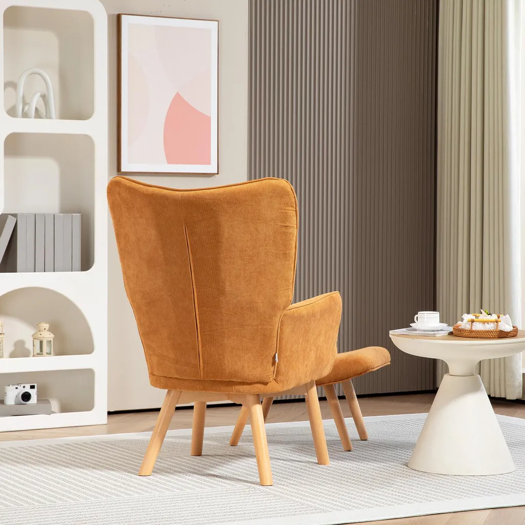 Fauteuil lounge marron avec repose-pieds et dossier haut capitonné bois