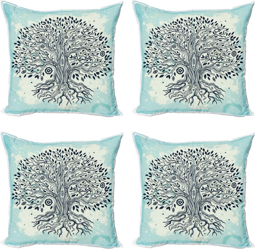 ABAKUHAUS Baum Kissenbezug Set (4 Stück), Kreative chinesischen Bonsai-Baum, Moderner Doppelseitiger Digitaldruck, 60 cm x 60 cm, beige Türkis